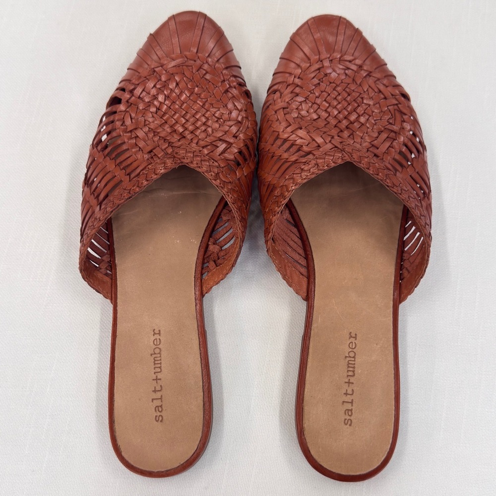 Salt + Umber ARI Cognac Woven Leather Mule Slides Boho Artisan Women's Size 9
